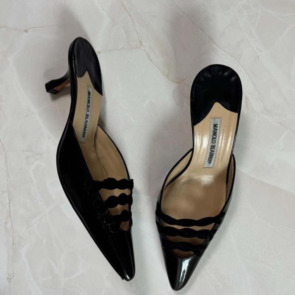 Manolo Blahnik Black Patent Kitten Heel Mules Size 38